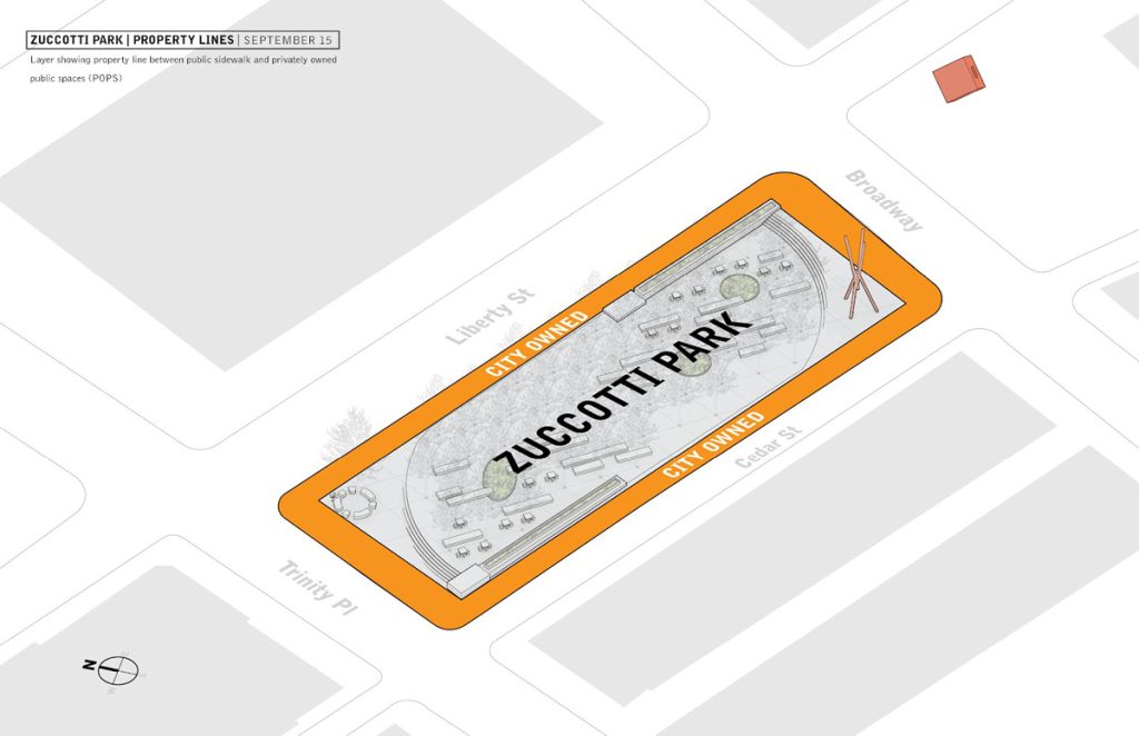(1) Zuccotti Park Property lines. (2) Zuccotti Park on September 15, prior to the occupation. Base axonometric, showing layout of park furniture and trees. (3) Water and power overlay. (4) Operations plan, October 14. (5) Tent plan, November 7. (6) Post-Occupation Plan, November 15, after police evicted protesters and barricaded the park. (7) Liberty Plaza functional zoning, October 14. Jonathan Massey & Brett Snyder, “Mapping Liberty Plaza,” Places Journal.